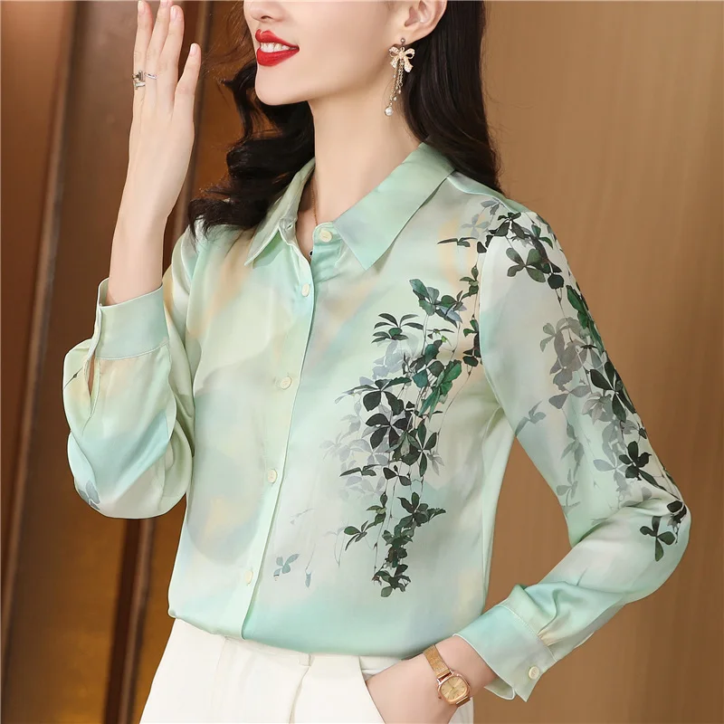 Elegant Printed Satin Shirts Women Fashion Long Sleeve Women Blouse 2024 Autumn Turn Down Collar Office Lady Casual Basic Tops