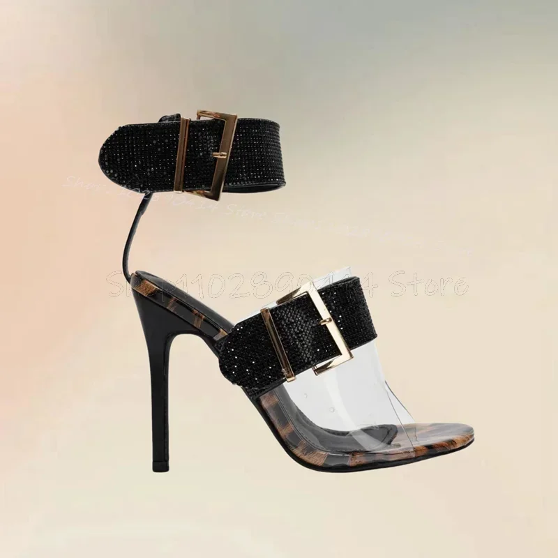 

Leopard Print Black Buckle Decor PVC Sandals Ankle Buckle Strap Women Shoes Thin High Heels Open Toe 2026 Zapatos Para Mujere