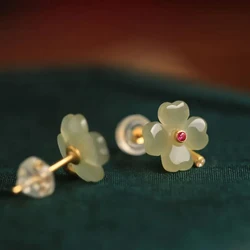 Lucky Four-Leaf Clover Stud Earrings Girls Hetian Jade Earrings Retro Design Jade Earrings Eardrops Gift