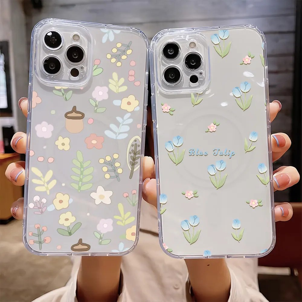 Gentle and Fresh Floral Fragments For IPhone 16 15 14 13 12 11 Pro Max Plus Transparent Magnetic Suction Phone Case