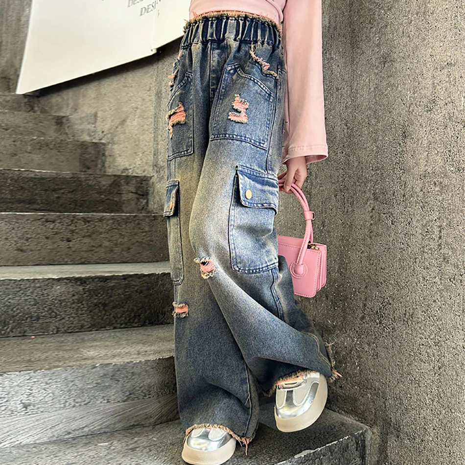 

Children Fashion Denim Distressed Edges Mid-Size Kids High-Waist Retro Relaxed Fit Cargo Jeans Girls Everyday Versatil Pants