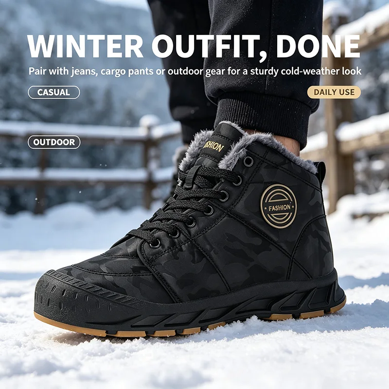 Herren-Schneestiefel mit hohem Schaft, wasserdicht, mit Fell gefüttert, Winterstiefel, rutschfest, isoliert, Outdoor-Wanderstiefel, für kaltes Wetter, zum täglichen Spazierengehen. – Detail 2