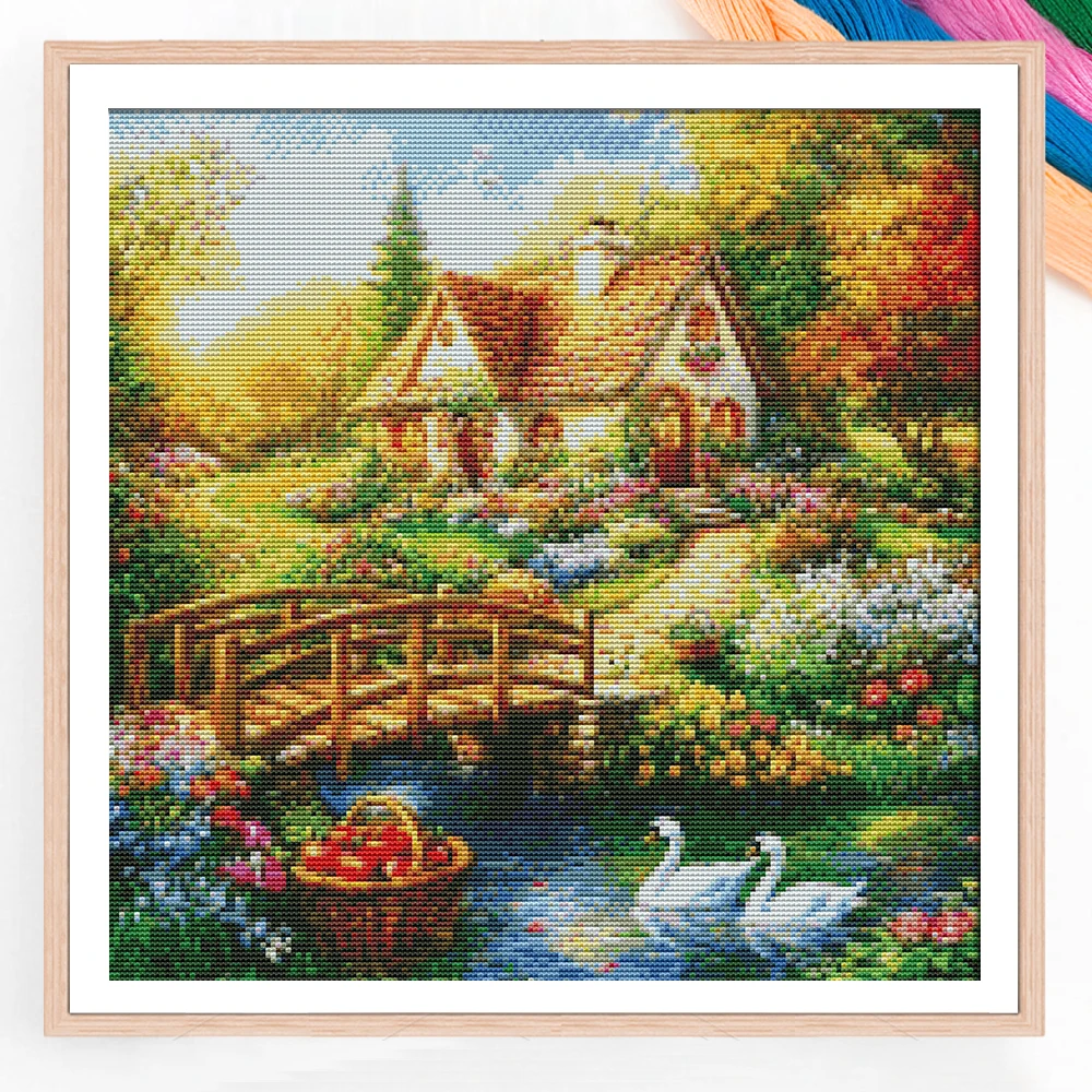 Landschafts-Kreuzstich-Set: Neues DIY 11CT Baumwollfaden-Set mit Aufdruck „Schwanenteich-Hausgarten“ – Stickerei-Kits für Heimdekoration