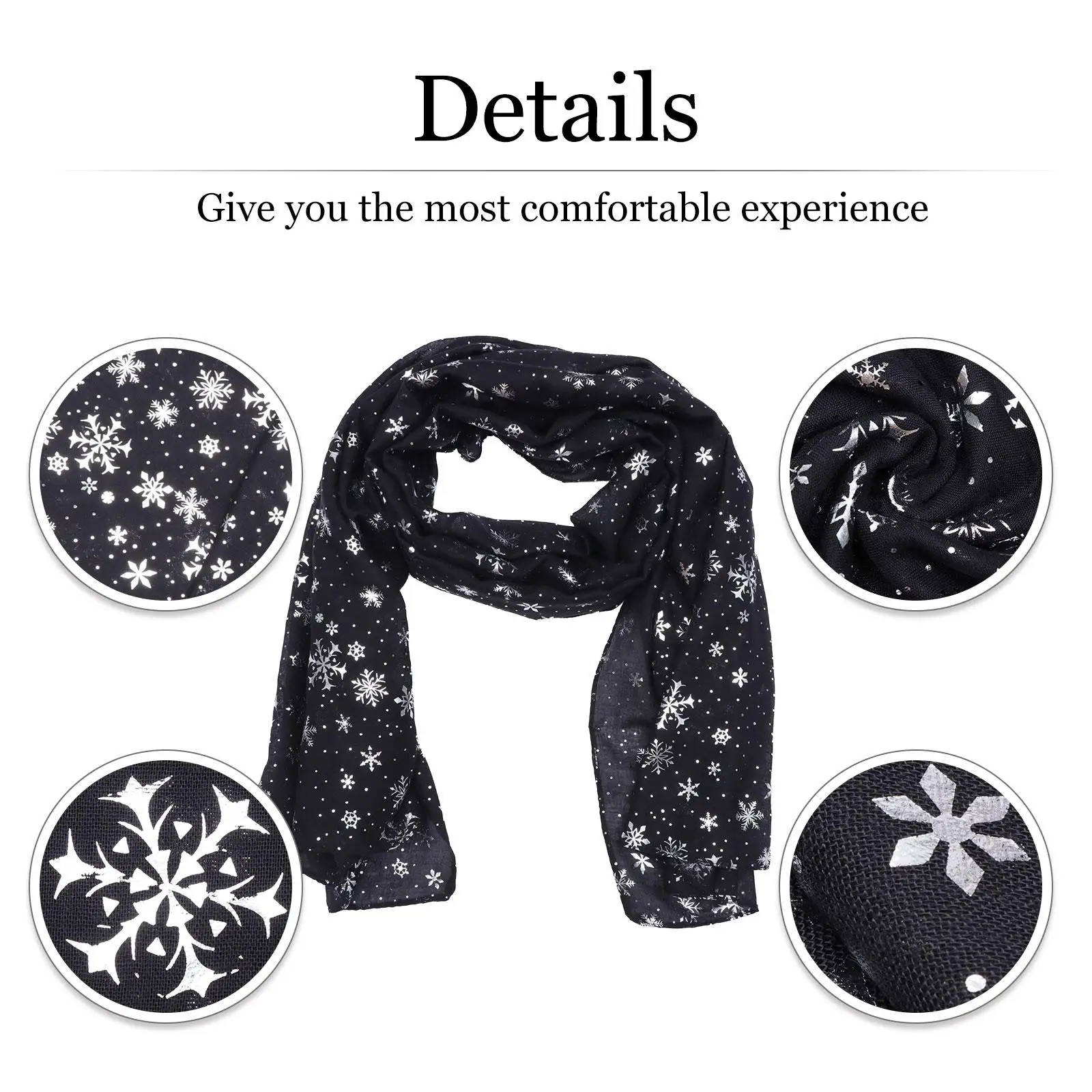 Christmas Scarf Xmas Neckerchief Women Long Snwflake Chiffon Black Satin for Hair Delicate Costume Clothing Man