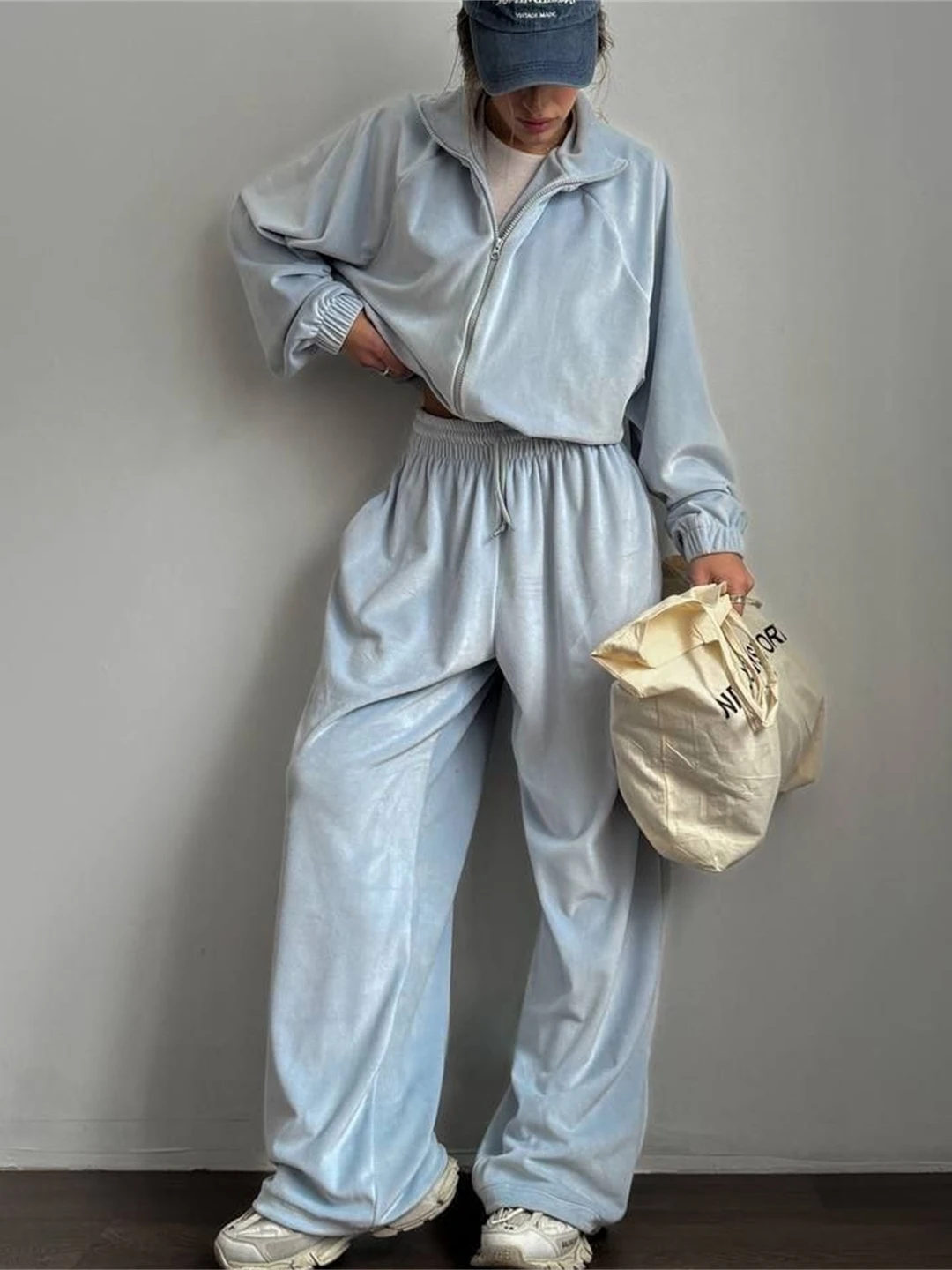

Casual Hooded Open Cardigan Long Pants Sportswear Set Women's Faion High Waist Zipper Loose Fit Four Seasons Color