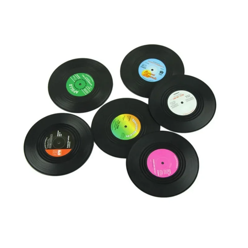 Coasters for Coffee Cups Round Non-slip Silicone Record Coaster Retro Vinyl CD Pad Six-piece Set Plate Heat Insulation Pad Bar