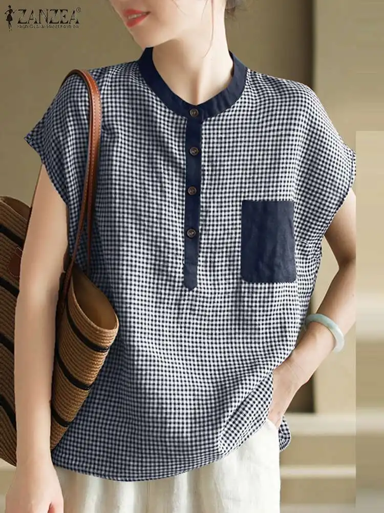 ZANZEA Vintage Color Block Gingham Blouses Women Summer 2024 Short Sleeve O Neck Casual Checked Blusas Elegant Daily Shirt Tops