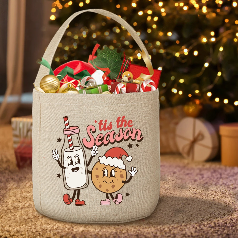 Tis The Season Print Christmas Bag Xmas Boy Girl Gifts Bucket Bags Christmas Toy Sack Bucket Tote Elaborate Candy Gift Hand Bag