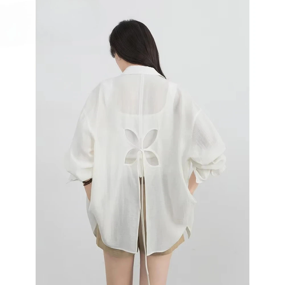 Spring Summer  2026 Fashion Women Long Sleeve Shirts Solid Loose Casual New Style Design Back Hollow Out Female Blouse