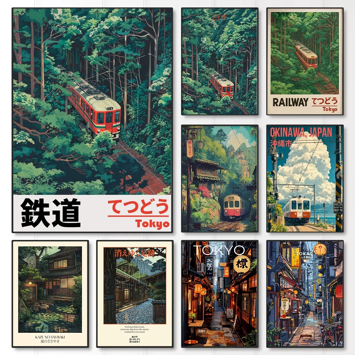 الرجعية اليابانية السكك الحديدية المشهد قماش طباعة طوكيو المطر ليلة الشارع الجدار ملصق فني لغرفة المعيشة الحديثة غرفة نوم ديكور المنزل