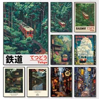 Retro Japanese Railway Landscape Canvas Print Tokyo Rainy Night Street Wall Art Poster for Modern Living Room Bedroom Home Decor