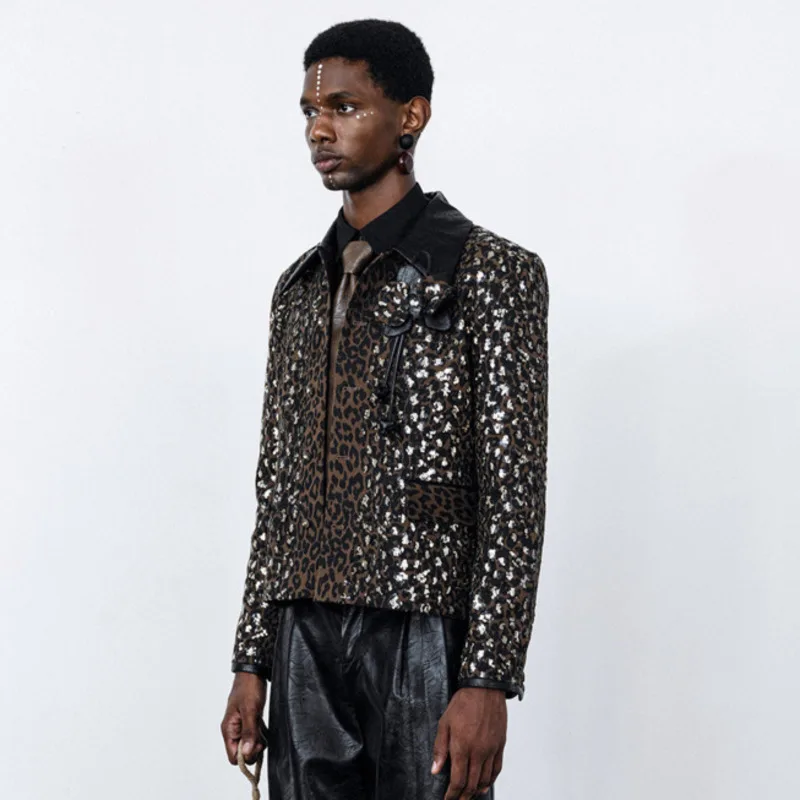HKSH Spring Autumn New Men Tide Punk Vintage Leopard Print Embroidered Sequin Denim Trendy Jackets Valley Youth Original HK18829