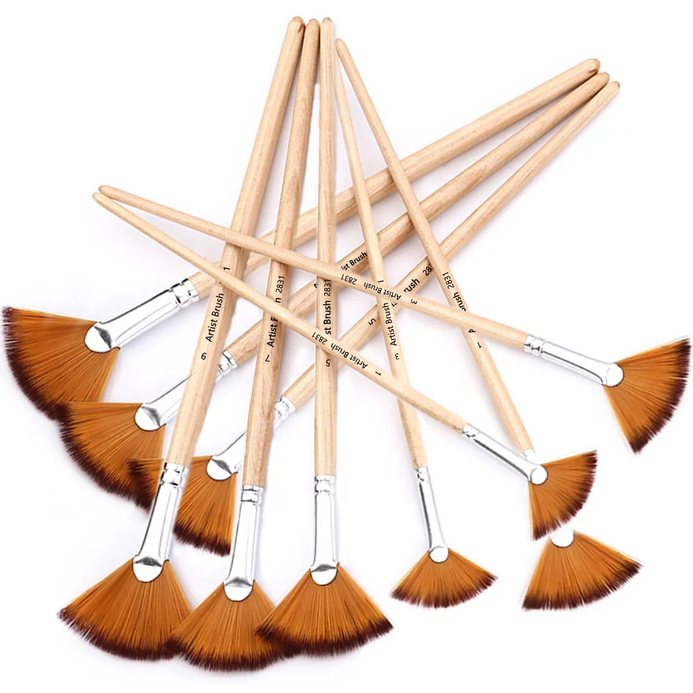 Artist Fan Paint Brush Set of 10， Anti-Shedding Brush Tips,Wooden Handle for Comfortable Holding, Great for Acrylic Oil Painting