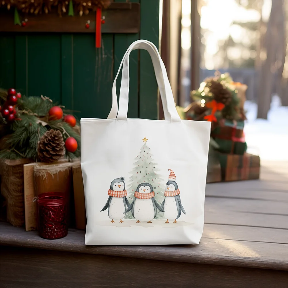 Three Penguins Christmas Tote Bag Reusable Festive Shopper Shopping Holiday Gift for party supplies favor accessories decoration