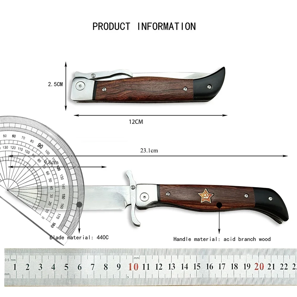 Russian Style NKVD 440c Blade Wood Handle Folding Pocket Knife with Leather Sheath Survival Tactical Military EDC Tool Gift