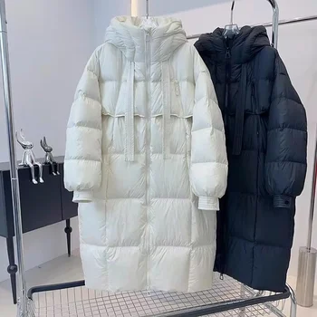 2024 neue Winter jacke Frauen lange Daunen Baumwolle gepolsterten Mantel über dem Knie Parkas Kapuze Overwear warme Baumwolle gepolsterte Jacke weiblich