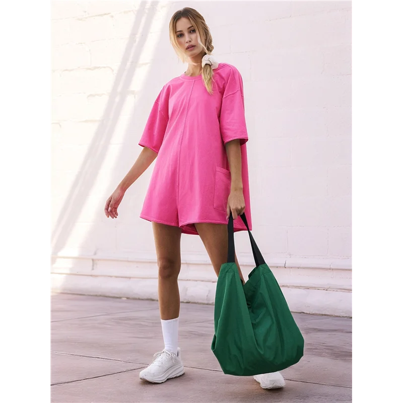 ASDS-ชุดเดรสลำลองสำหรับฤดูร้อนของผู้หญิง เดรสแขนสั้นทรงหลวมแบบยืดหยุ่นพร้อมกระเป๋าสำหรับผู้หญิง