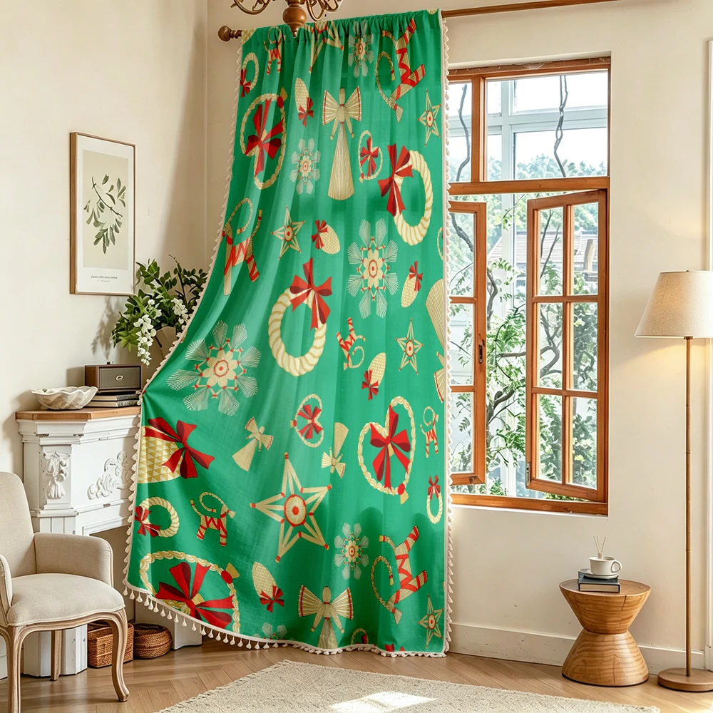 1PC Christmas Winter Tassel Sheer Curtains, Angel Star Holly, Digital Print, Linen Polyester, Bedroom Living Room, Home Decor