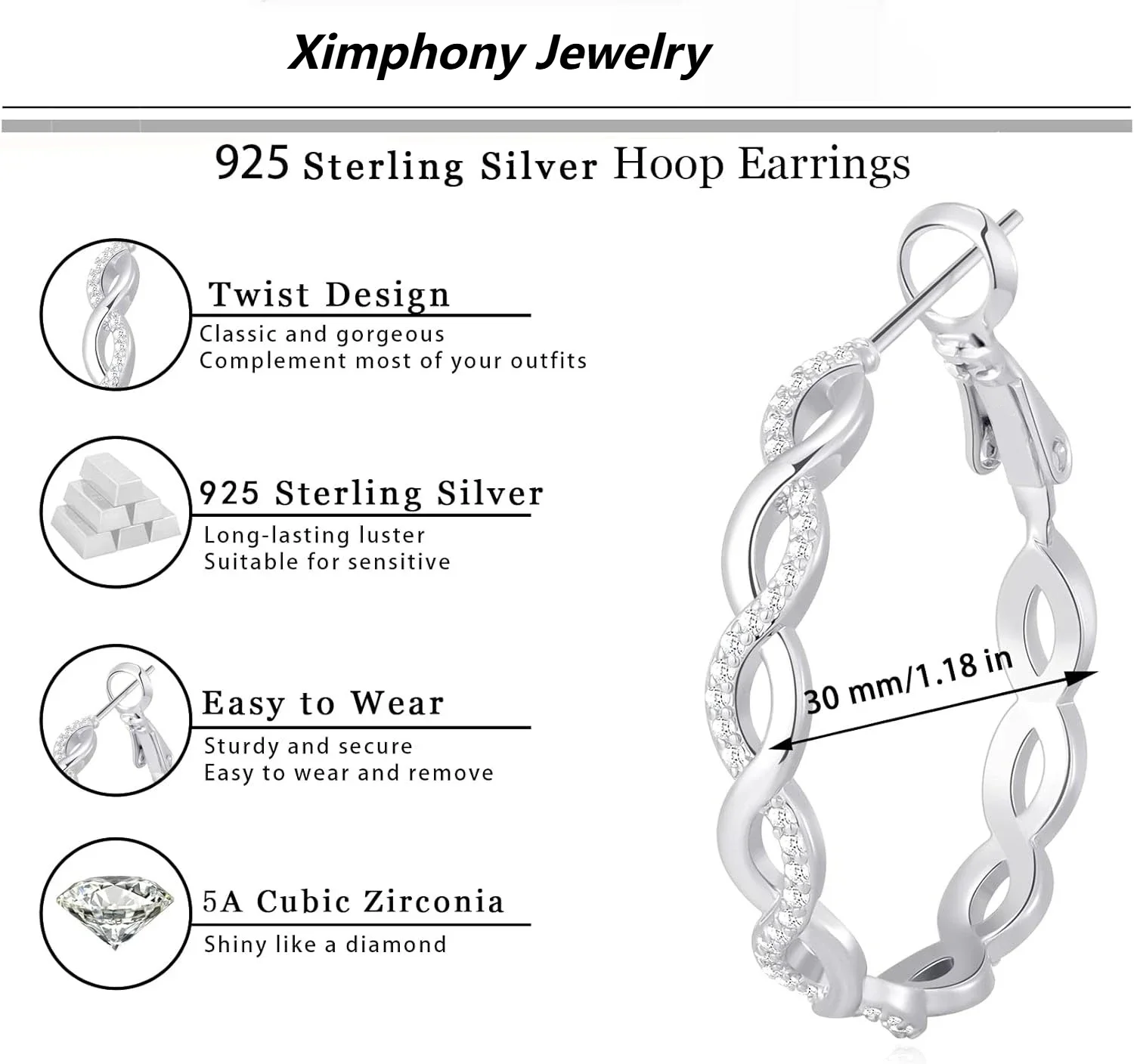 925 Sterling Silver Earrings Hoops for Women Lightweight Twisted Hoop Earrings With Cubic Zirconia Hypoallergenic Hoops Earrings
