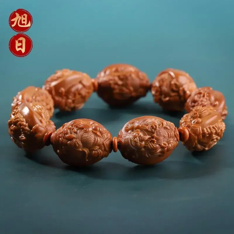 Natural Chinese Nine Dragons God of Wealth Olive Kernel Bracelet Master Carved Men's and Women's Jewelry WenPlay Hand String