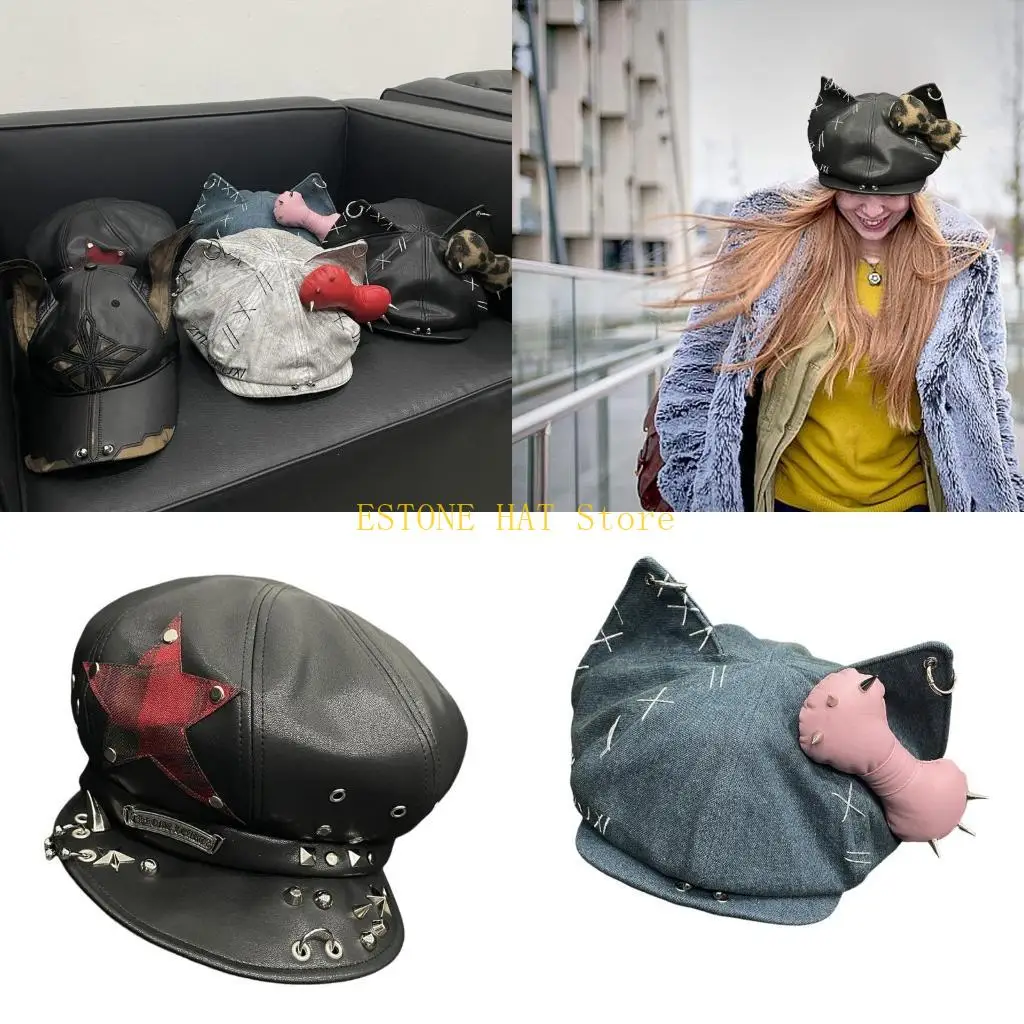 49MF Cool Dog Ear PU Hat Casquettes Hat 2000s Vintage Baseball Hat for Dancing Daily Use