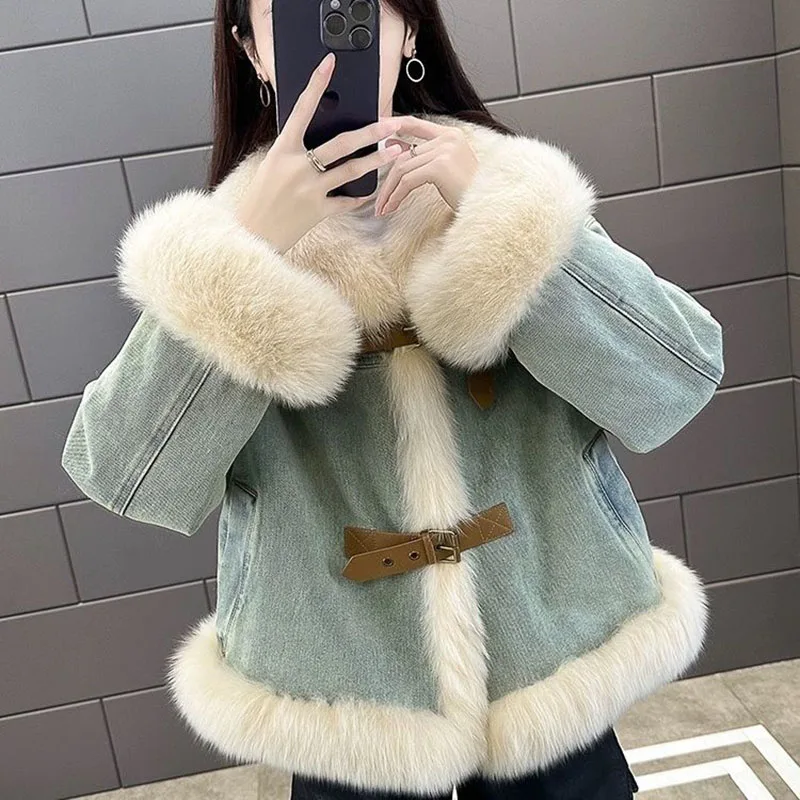 Imitation Fur Jacket Women\'s Denim Parker Clothing 2024 New Autumn Winter Short Down Jacket Fashion Loose Thick Warm Parker Coat