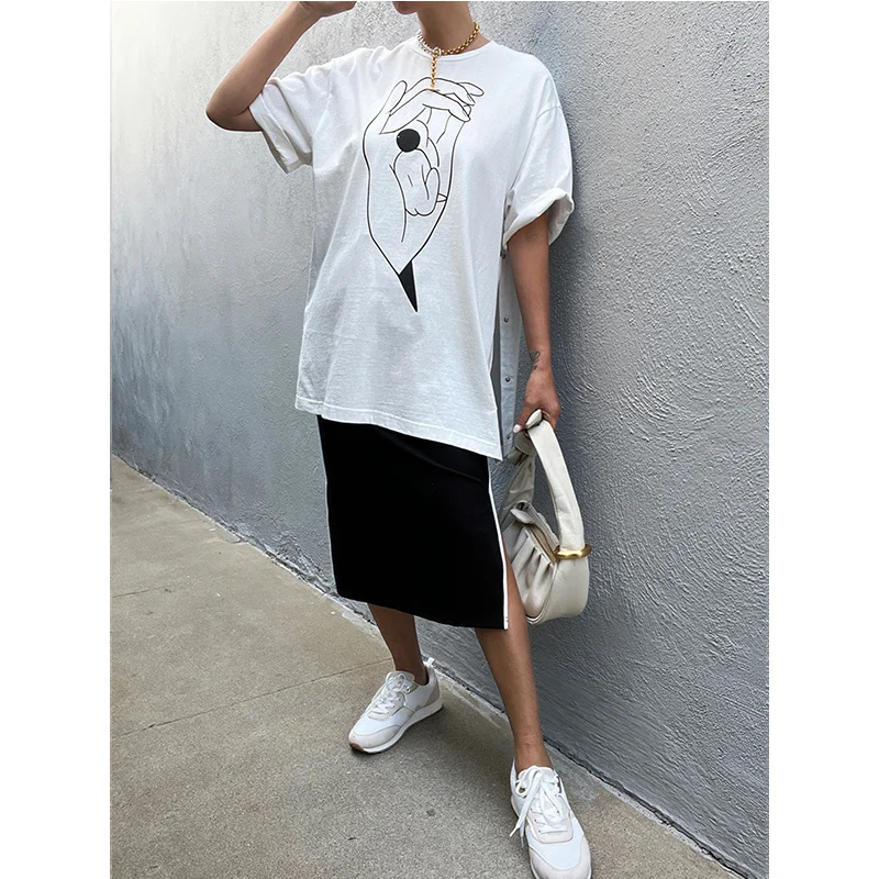 SheonDHF: ins style, small crowd, medium and long white printed short sleeve T-shirt, women's summer T-shirt, loose and thin