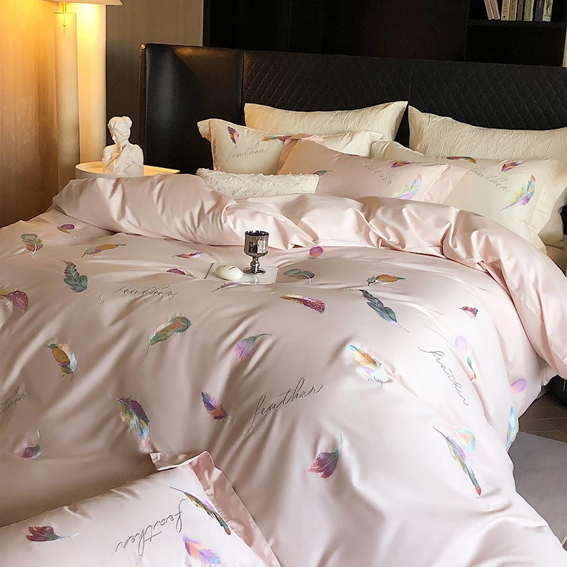 

Luxury Colorful Feather Embroidery Egyptian Cotton Bedding Set, Duvet Cover, Linen Fitted Sheet, Pillowcases, Home Textile