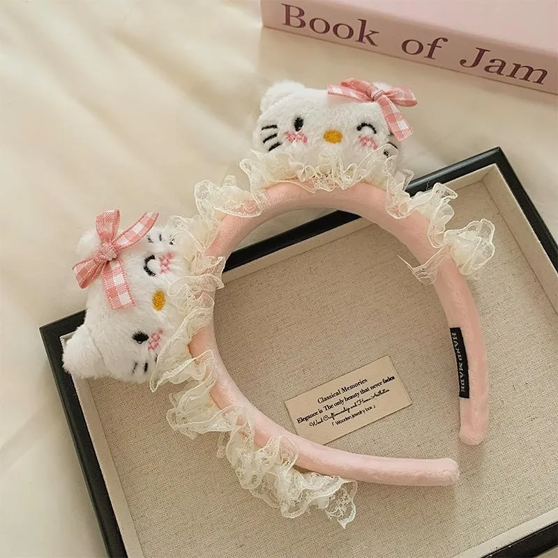 

Повязка на голову Hello Kitty, кружевные милые вещи, кавайные мультяшные девушки на день рождения, коллекционные периферийные устройства в стиле аниме, украшение для мытья лица, макияжа