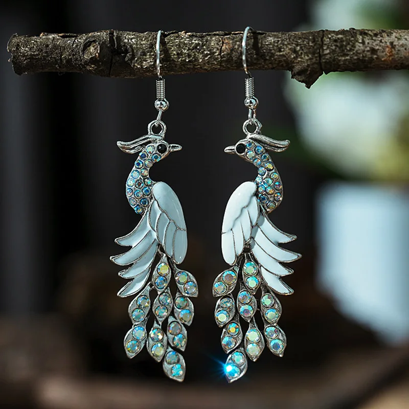 Vintage Temperament Ethnic Peacock Earrings for Women Elegant Drop Oil Rhinestone Silver Color Dangle Earring Party Jewelry