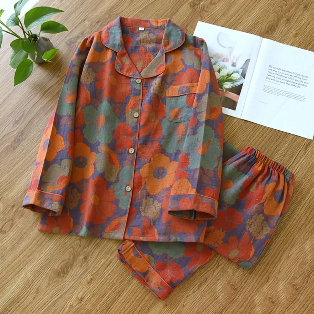 

Cozy Butterfly Cotton Pajamas Women Flower Ethnic Style Long Sleeve Nightwear Leaf Retro Casual Sleepwear Women