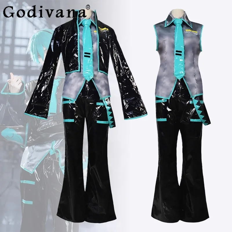 

Perfect Custom Black Jackets with Green Wigs Women Anime Mikuo Male Version Cosplay Pant Set Female Green Color Full Suits