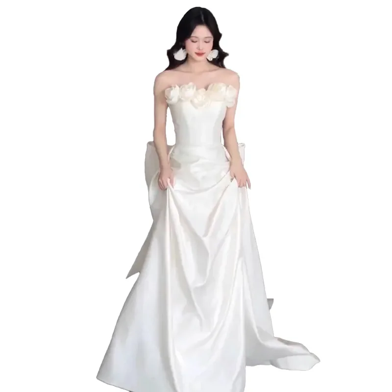 Festa formal ocasiões tubo superior luz vestido de casamento simples avançado super fada cetim branco arrastando nupcial bem-vindo