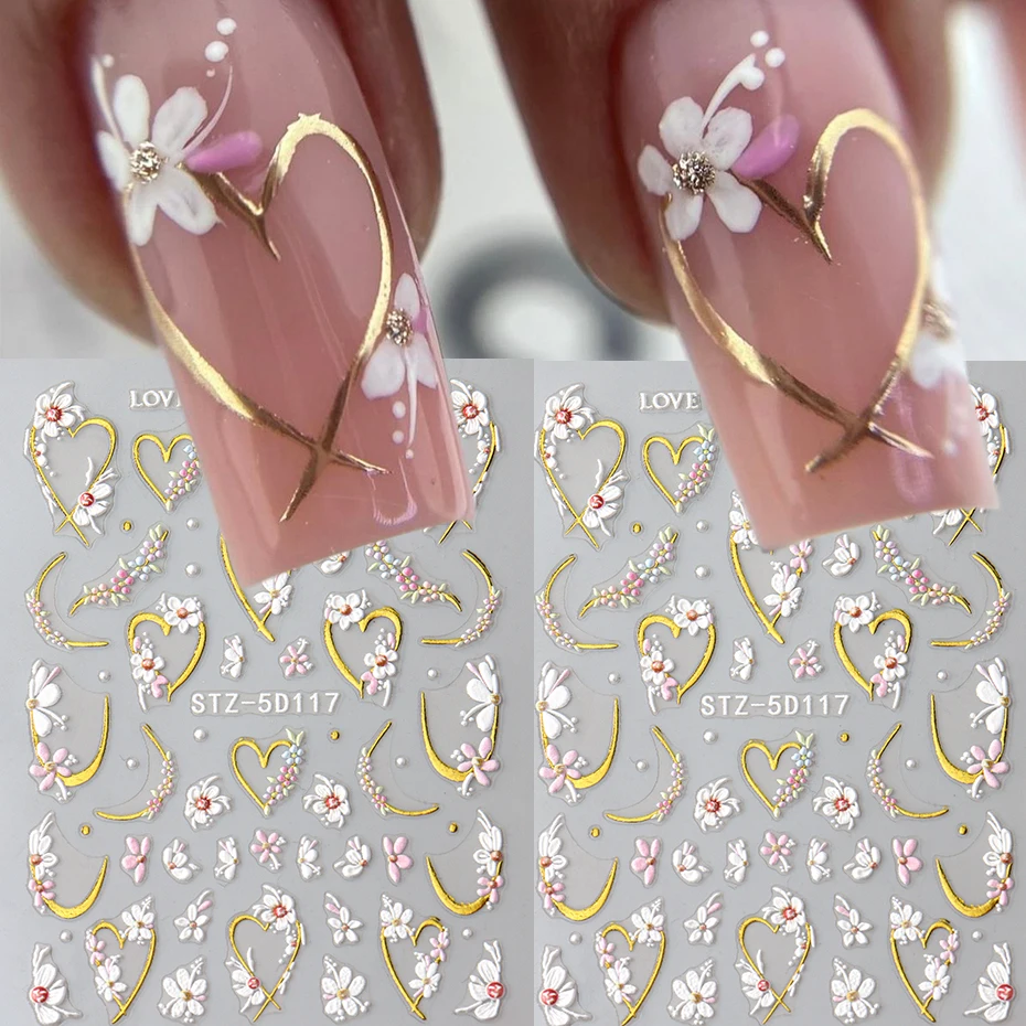2 قطعة 5D تنقش الأزهار ملصقات الأظافر-الذهبي الحب القلب زهرة تصاميم الشارات ذاتية اللصق DIY بها بنفسك مانيكير مسمار الديكور