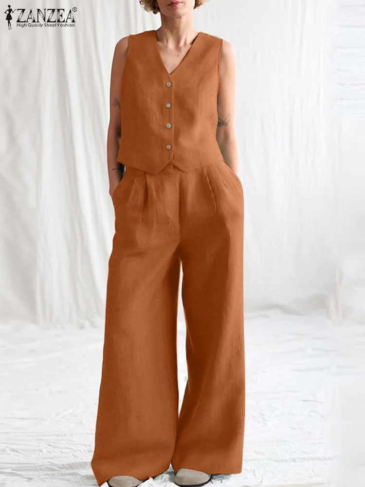 Zanzea ชุดวอร์มผู้หญิงแฟชั่น2024ใส่ในเมืองกางเกงขากว้างชุดออกกำลังกายแบบลำลองชุด2ชิ้นเสื้อแขนกุดสีพื้น