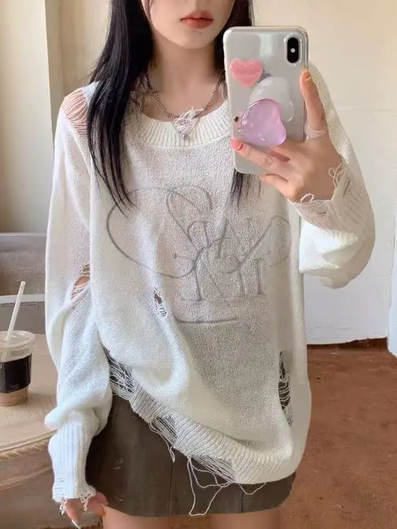 

Korejpaa Thin Embroidered Hollow Knitted Sweater Women Autumn New Korean Style Round Neck Long Sleeved Ripped Top Pull Femme