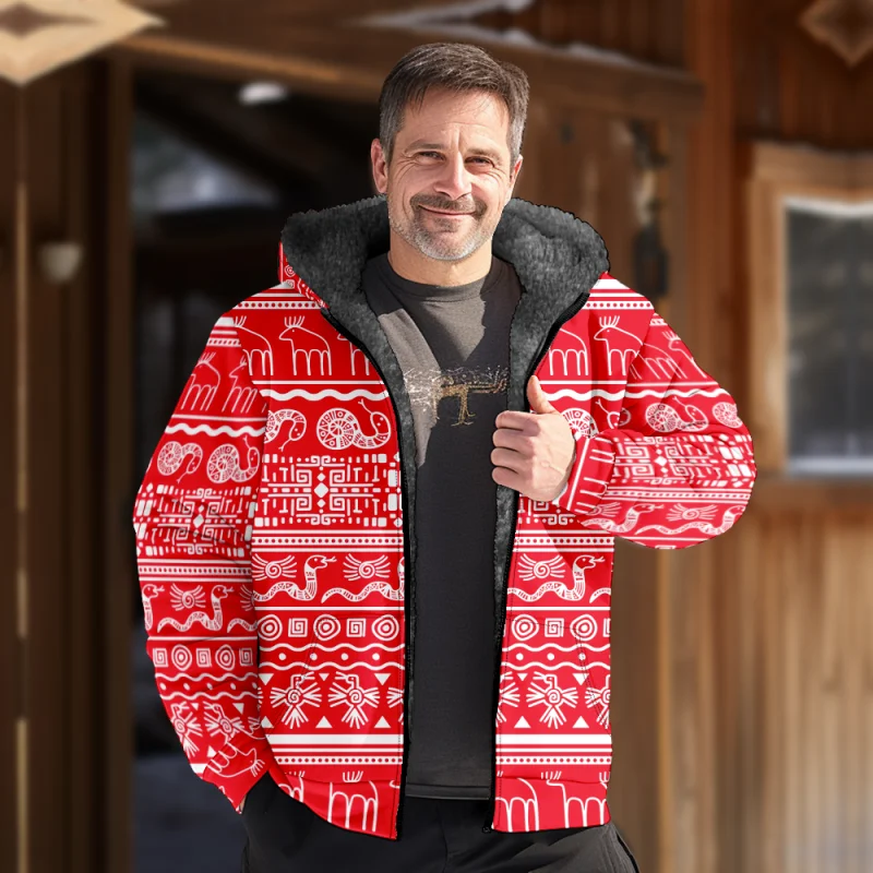 Christmas Cotton Coat Hooded Sweater Casual Print Men's Fur Loop Arctic Velvet Zipper Patch Pocket Hooded Sweater a09