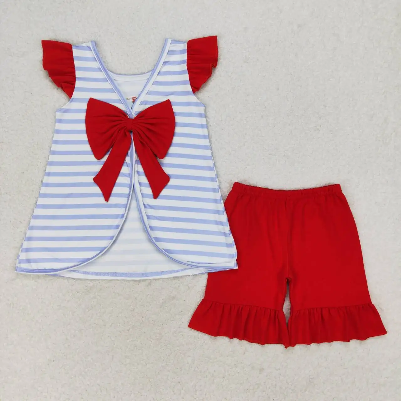 Summer Match Baby Boys Embroidered Puppy Flag Striped Short-sleeved Red Shorts Suit Wholesale Boutique Children RTS