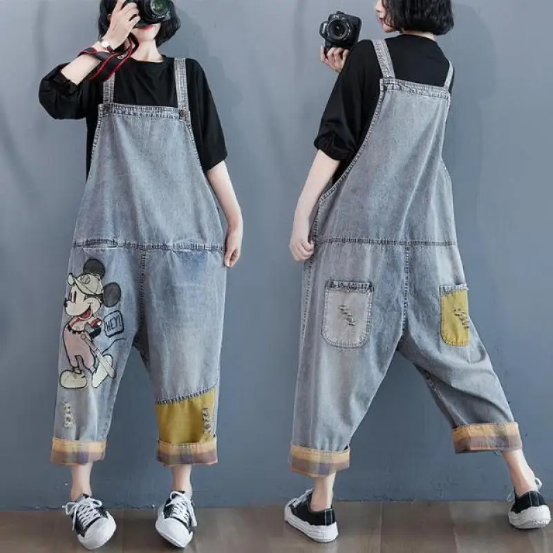 Mickey Cartoon Embroidery Spring Summer Denim Overalls for Women Big Pockets Loose Long Jeans Jumpsuits Sleeveless Suspenders