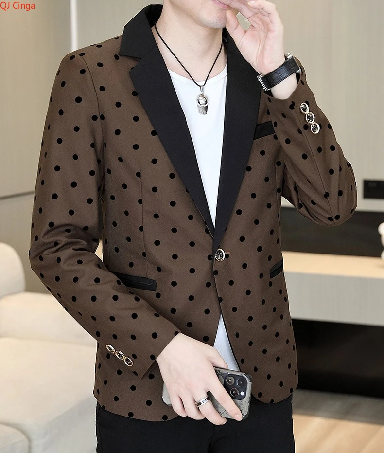 2026 New Men's Brown Long-Sleeve Suit Jacket Polka Dot Pattern Decorated Outerwear Asian Fit Slim-Fit Blazers.