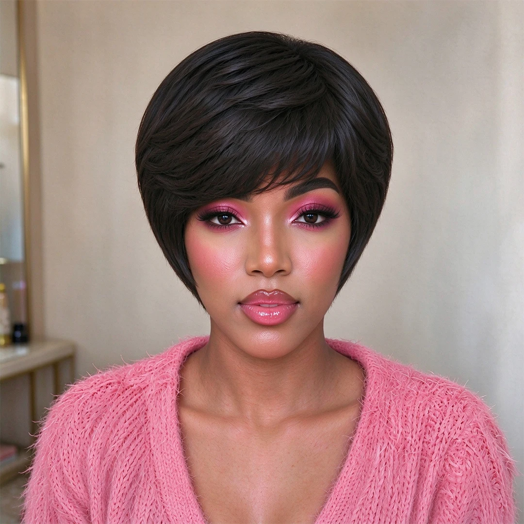 Layered Short Pixie Cut Human Hair Wig with Bangs Brazilian Remy Hair Full  Machine Made Human Hair Wig 200% Density 4 Inch Short Pixie Cut Wigs Human Hair