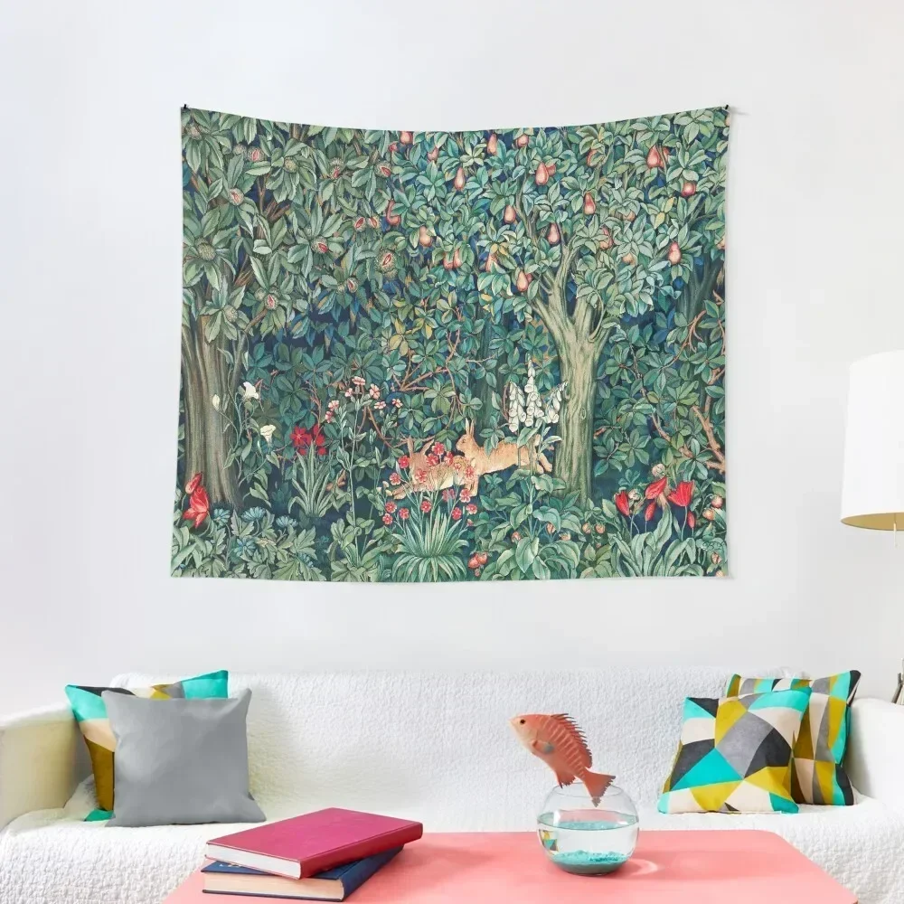 

GREENERY, FOREST ANIMALS Hares Blue Green Red Floral Tapestry Mushroom Wall Decoration Tapestry