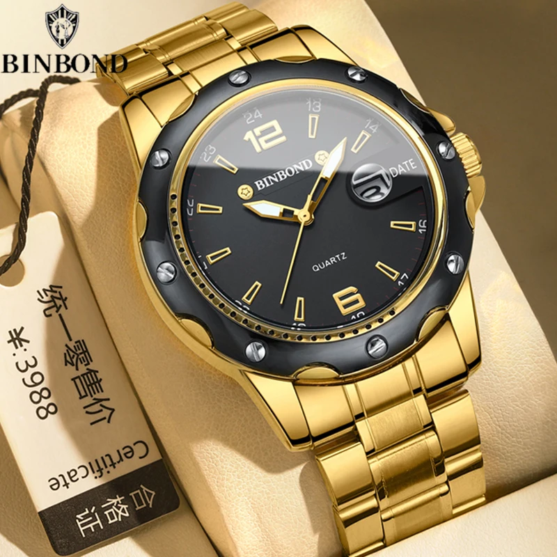 BINBOND Ultra-thin Quartz Men Watch Fashion Sports Magnifier Calendar Night Glow Waterproof Luxury Steel Band Business Men Watch