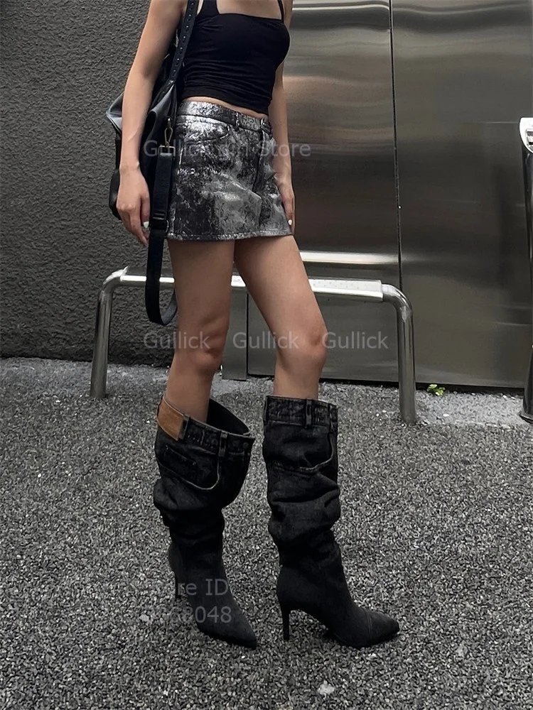 Stiletto Thin High Heel Sexy Pointy Toe Pleated Slouchy Denim Grey Knee High Boots Slip On 2026 Winter Women Dress Shoes view 5
