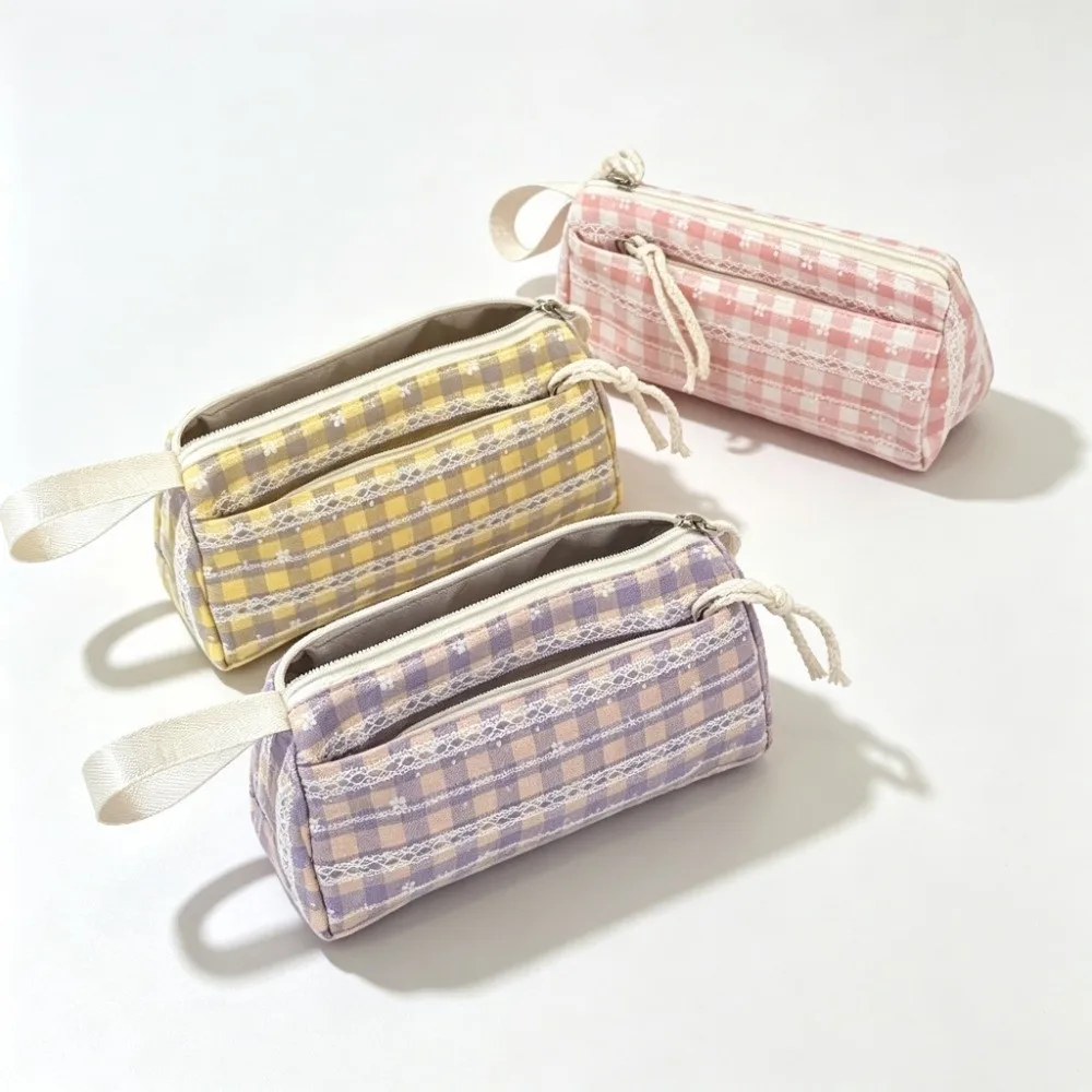 Aesthetic Large Capacity Plaid Pencil Case Plaid Pattern Compact Design Stationery Pouch Multi-Layer Storage Bag For Students