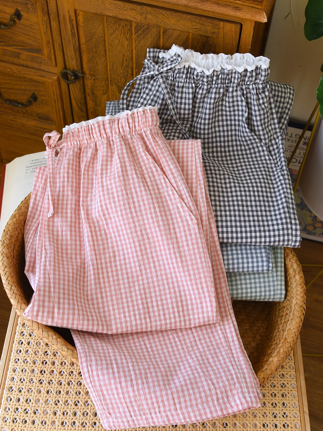 100% Cotton Plaid Sleep Pants Women's Long Pants Spring Autumn Lightweight Pure Cotton Gauze Straight Home Pants
