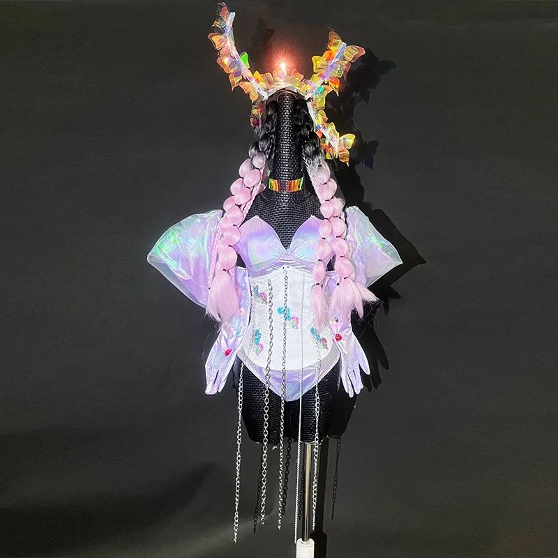 2025 sexy roxo laser bodysuit boate gogo dançarino palco traje borboleta cocar adulto feminino kpop outfit jazz dancewear
