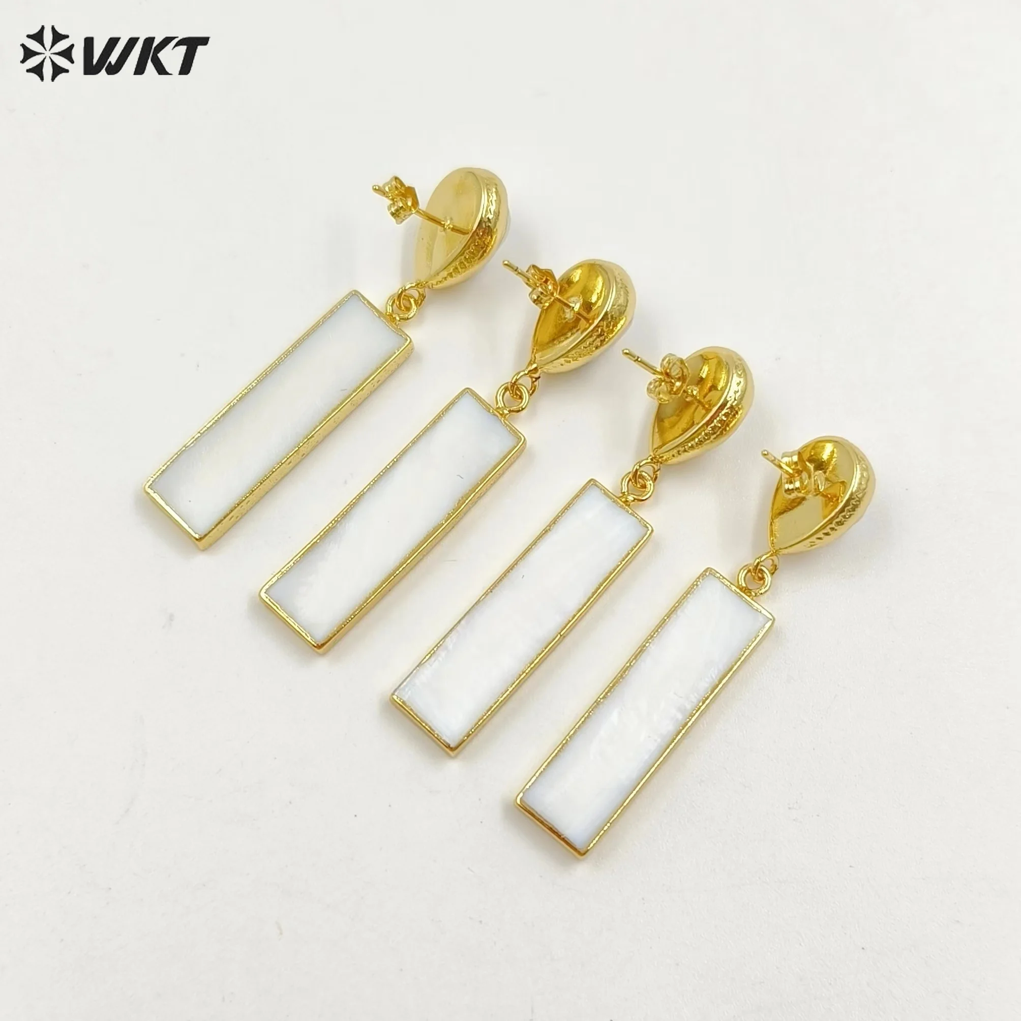 WT-E421 Wholesale Fashion Natural White Stud With Rectangle Shape Shell Pendant Gold Plated Drop Earrings For Ladies Jewelry