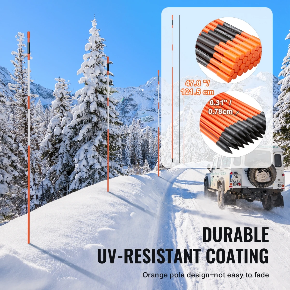 Einfahrtsmarkierungen, 30 Stück, 48 Zoll, 0,4 Zoll Durchmesser, orange Fiberglasstangen, Schneefangen mit reflektierendem Band, Stahlbohrer