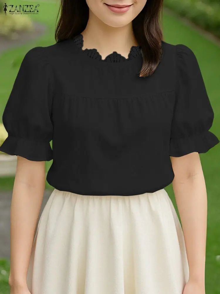 ZANZEA, элегантные офисные блузки с пышными рукавами, летняя блузка 2026, женская стильная кружевная лоскутная рубашка с короткими рукавами, повседневная однотонная рубашка